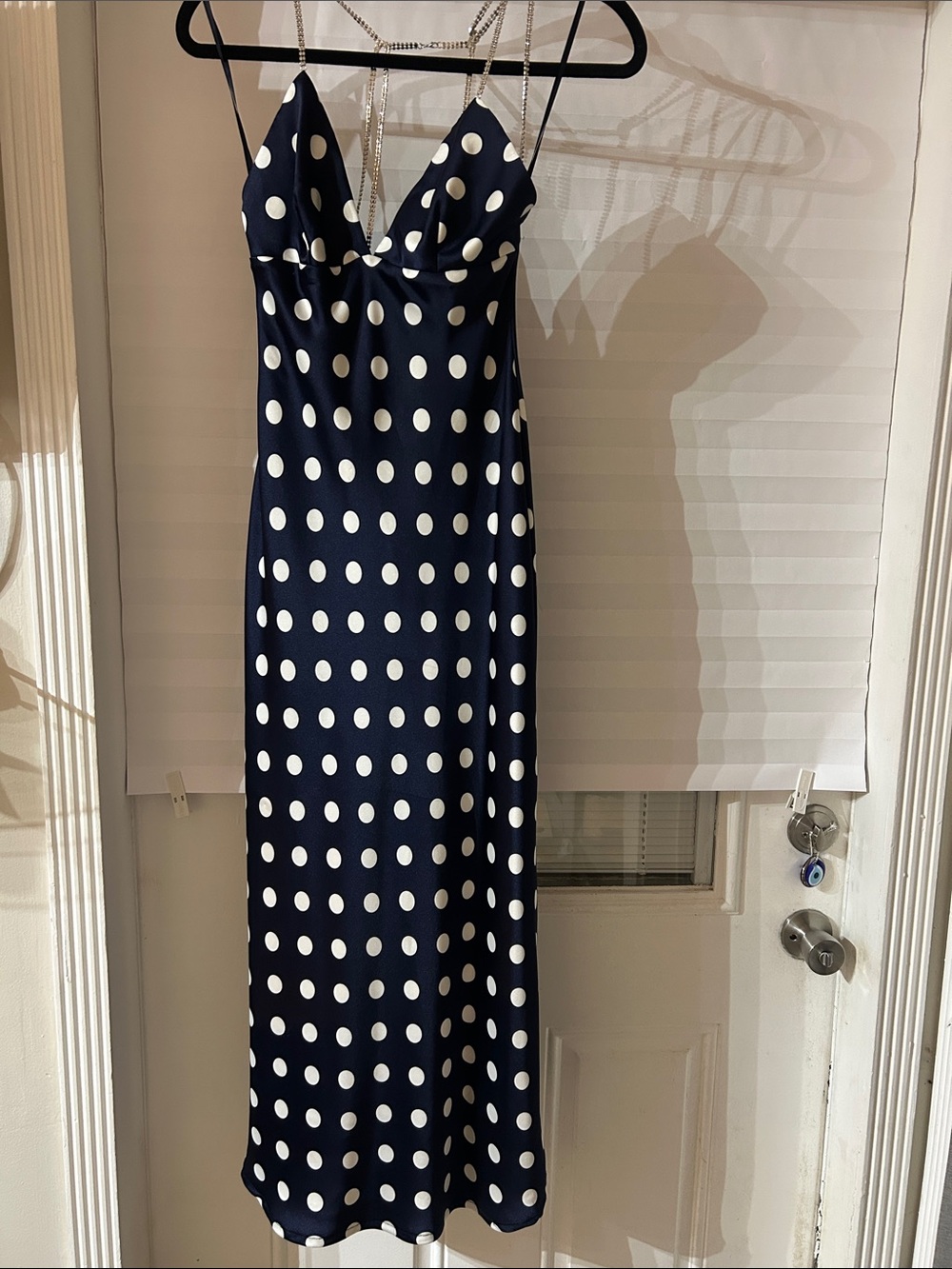 (AQUA) Navy Maxi Slip Dress with White Polka Dots- 
*Back bead chain altered.